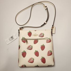 NWT COACH CAQ09 Mini Rowan File Bag With Strawberry Print Coated Canvas Leather